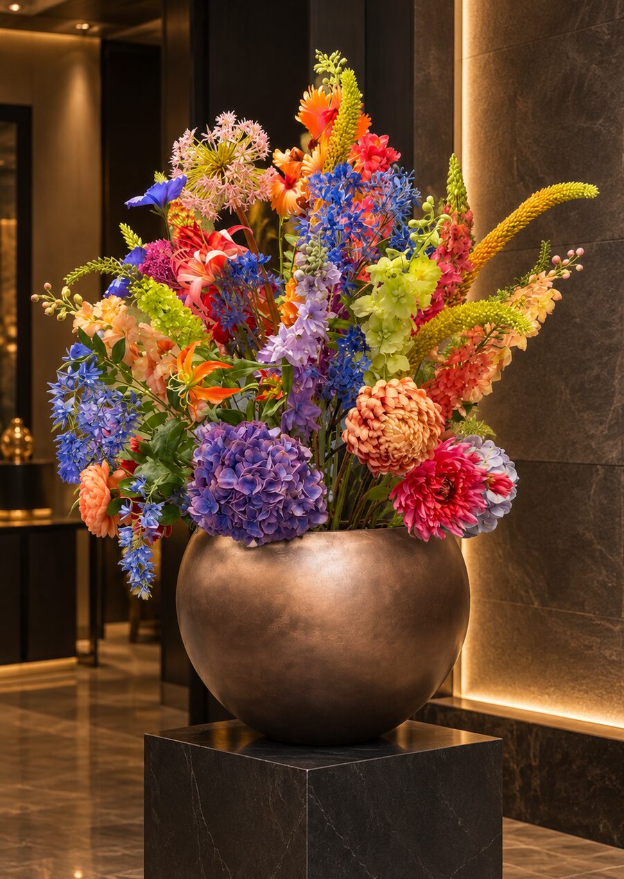 Seasonal floral arrangement in a bronze bowl