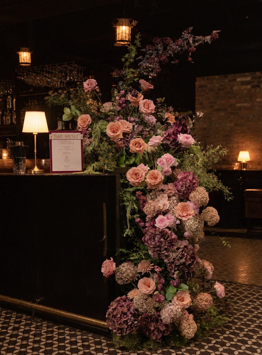 Whole venue floral styling at a hospitality entrance